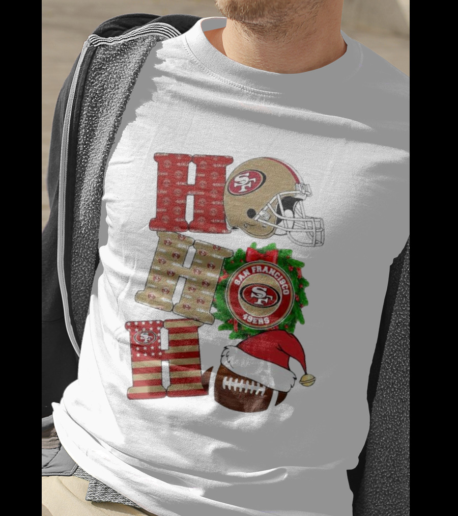 San Francisco 49ers Ho Ho Ho Merry Christmas Football Helmet Wreath Santa Hat T-Shirt