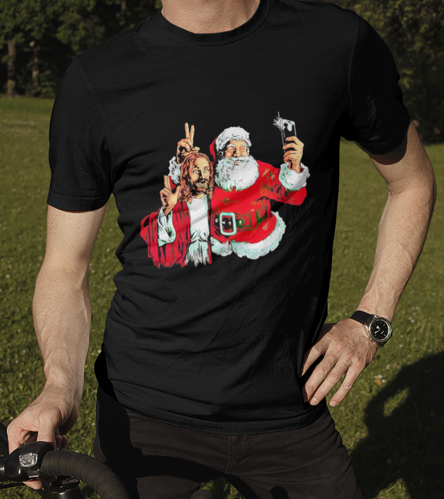 Santa And Jesus Taking Selfie Best Friends Christmas T-Shirt