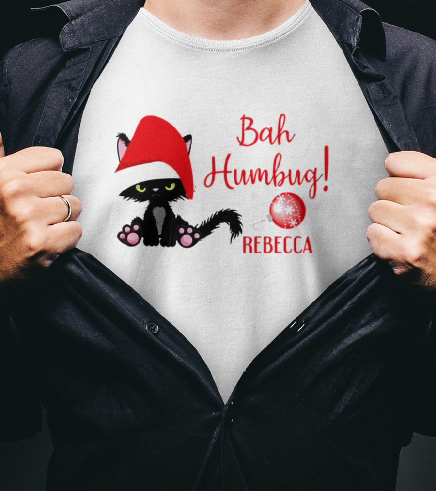 Santa Black Cat Bah Humbug Xmas Custom Name Rebecca T-Shirt