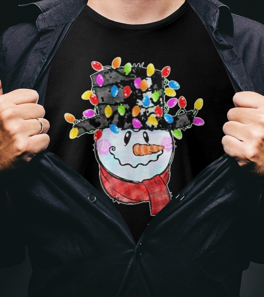 Snowman Wrapped In Colorful Christmas Lights With Black Top Hat And Red Scarf T-Shirt