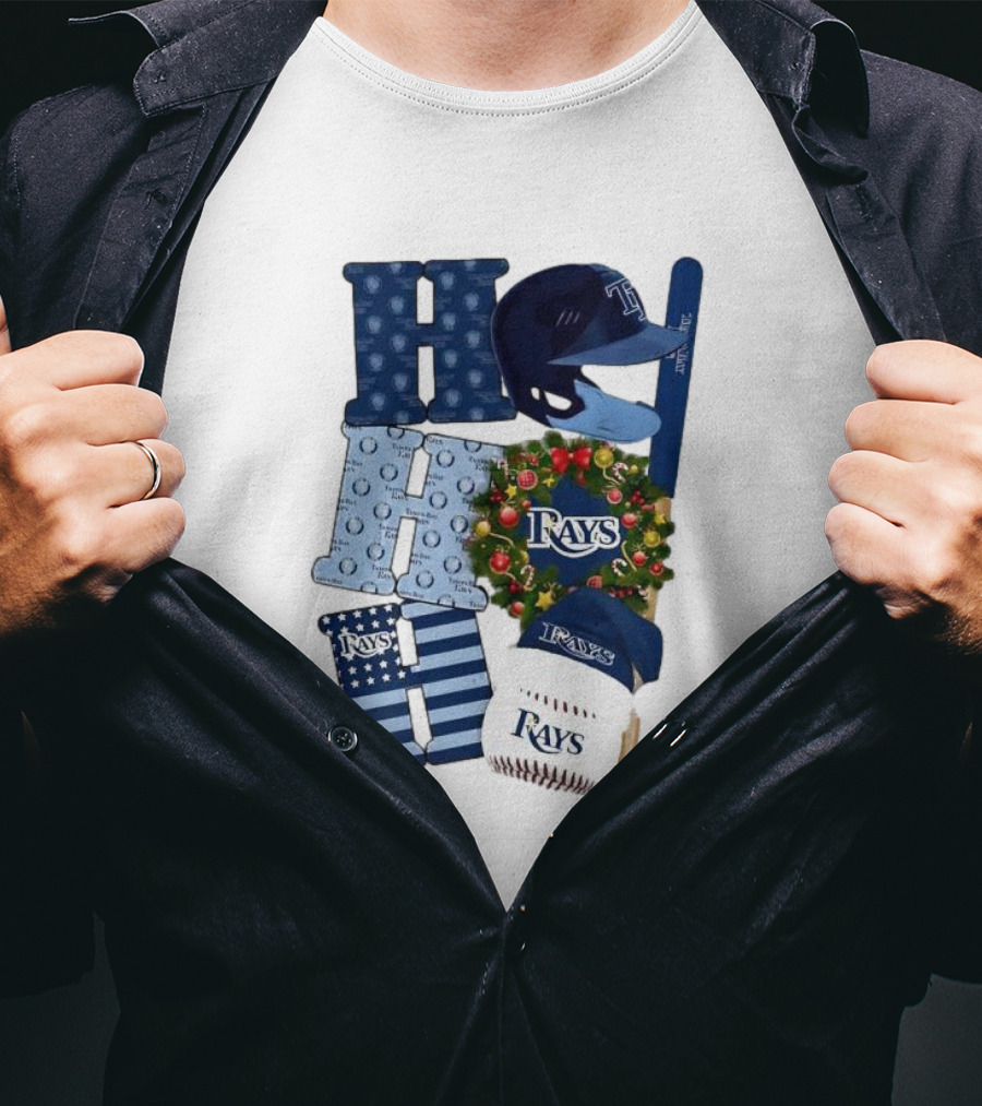 Tampa Bay Rays Ho Ho Ho Merry Christmas Baseball Helmet Wreath T-Shirt