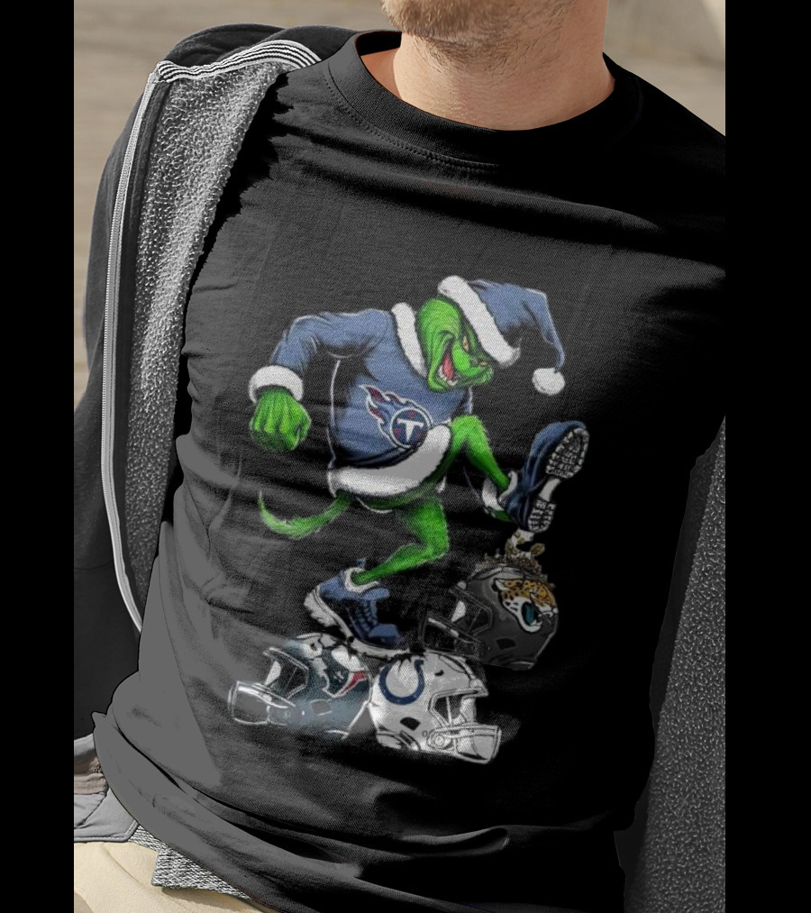 Tennessee Titans Grinch Stomping Jaguars Texans Colts Helmets Christmas T-Shirt