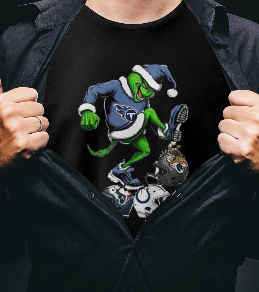 Tennessee Titans Grinch Stomping Jaguars Texans Colts Helmets Christmas T-Shirt