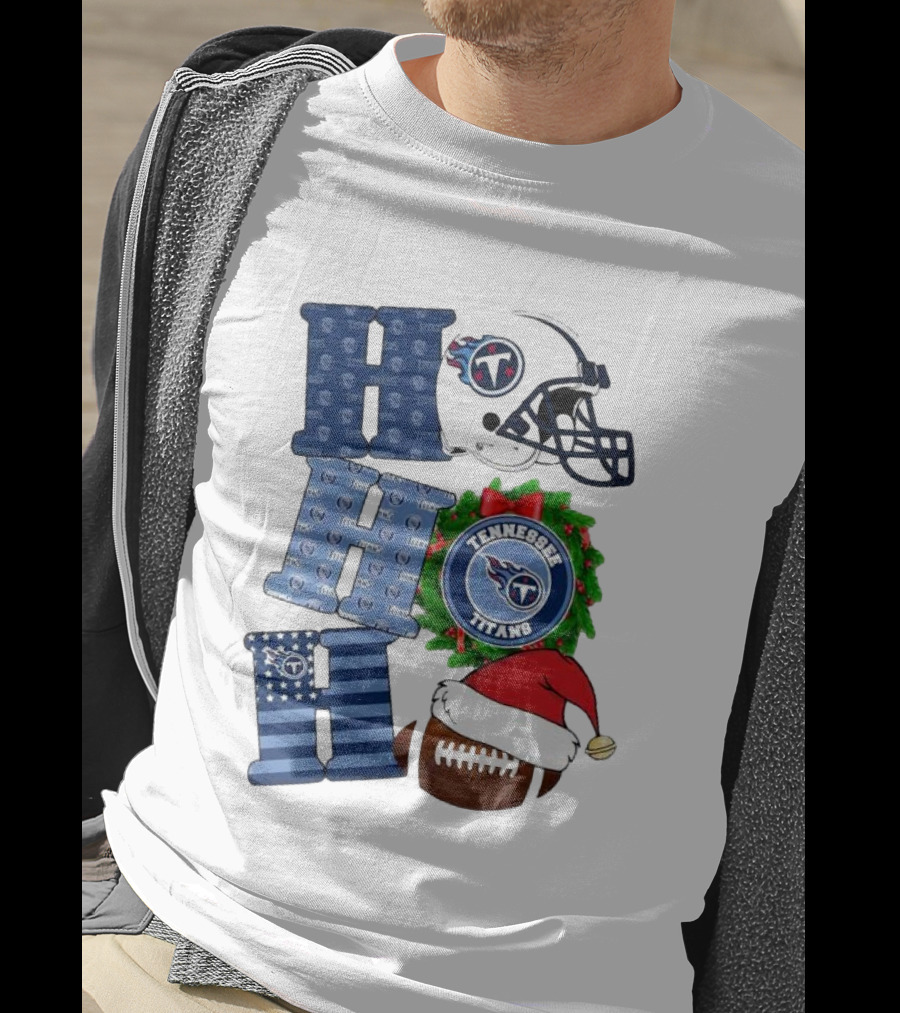 Tennessee Titans Ho Ho Ho Merry Christmas Football Helmet Santa Hat Wreath T-Shirt