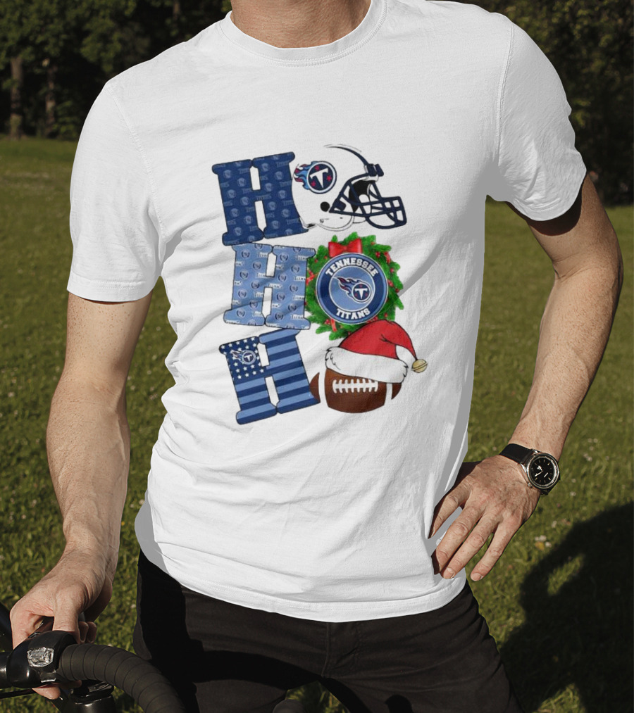 Tennessee Titans Ho Ho Ho Merry Christmas Football Helmet Santa Hat Wreath T-Shirt