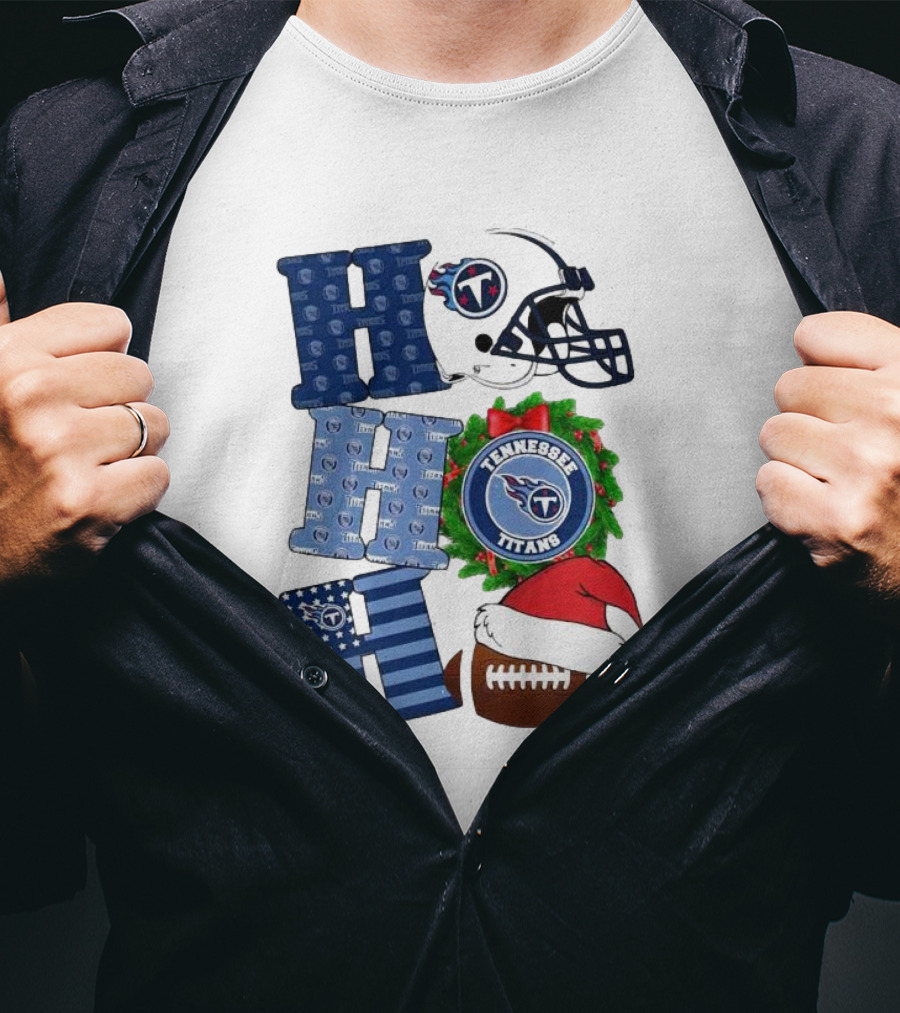 Tennessee Titans Ho Ho Ho Merry Christmas Football Helmet Santa Hat Wreath T-Shirt