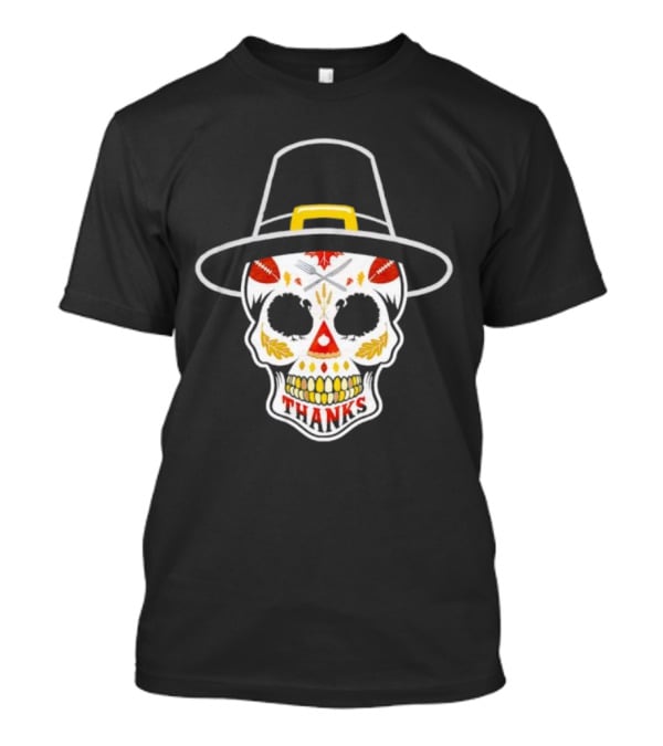 Thanksgiving Sugar Skull Thanks Pilgrim Hat Football Leaves T-Shirt