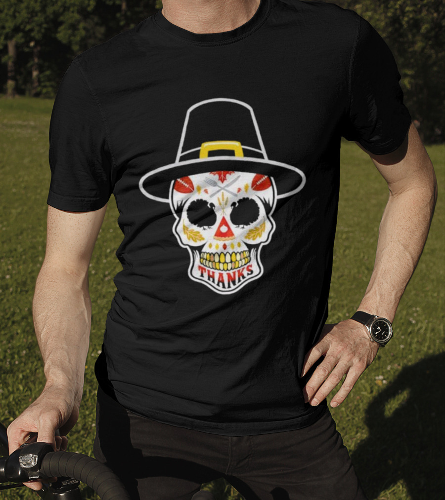 Thanksgiving Sugar Skull Thanks Pilgrim Hat Football Leaves T-Shirt
