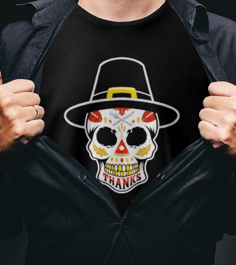 Thanksgiving Sugar Skull Thanks Pilgrim Hat Football Leaves T-Shirt