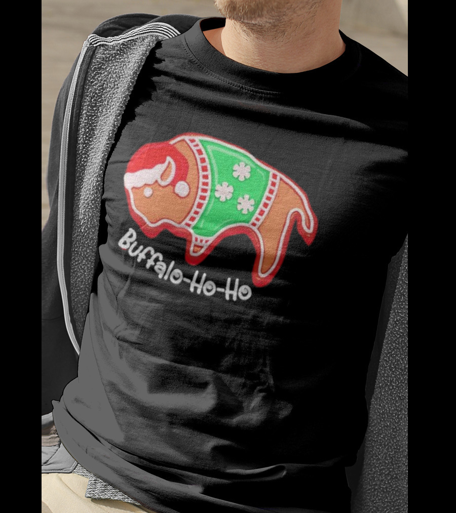 Buffalo-Ho-Ho Christmas Gingerbread Bison Santa T-Shirt