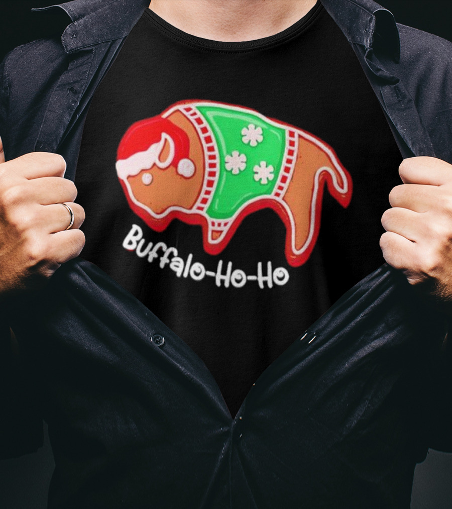 Buffalo-Ho-Ho Christmas Gingerbread Bison Santa T-Shirt