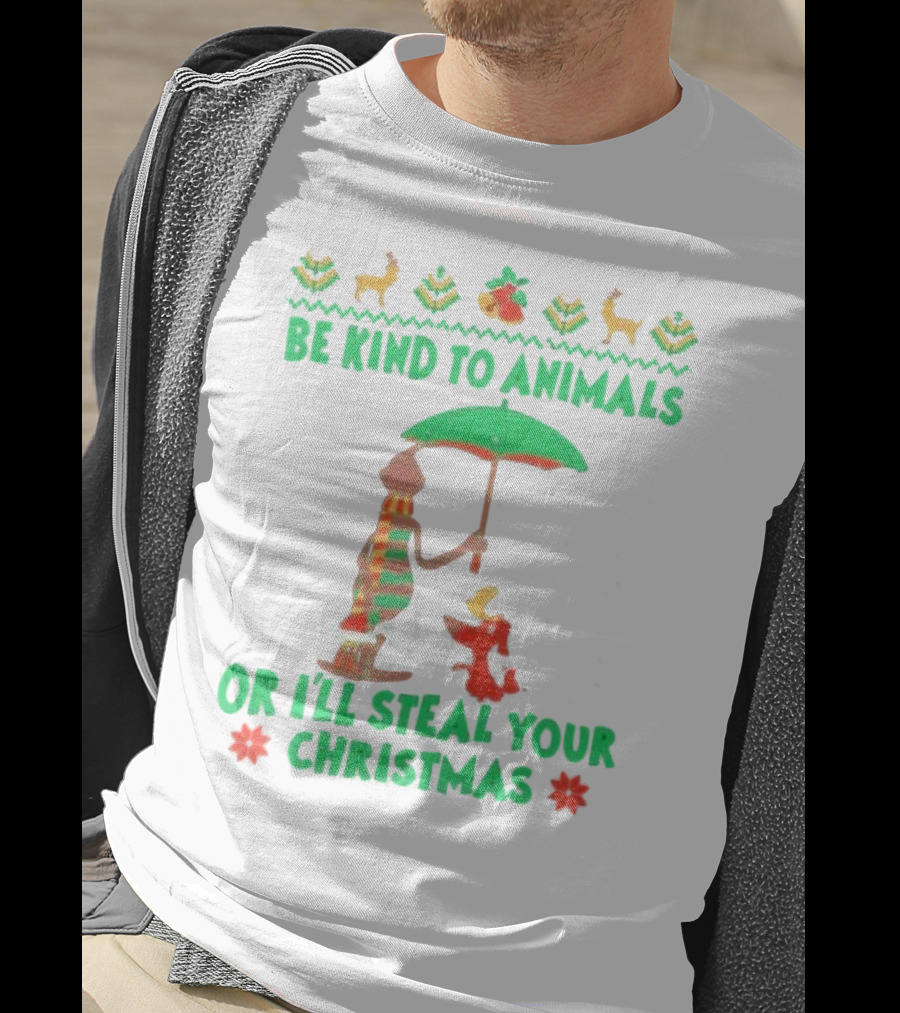 Be Kind To Animals Or I’ll Steal Your Christmas Grinch And Dog With Holiday Symbols T-Shirt