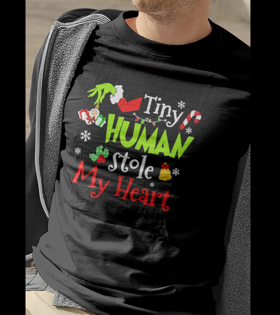 Tiny Human Stole My Heart Grinchmas Xmas With Candy Cane And Gifts T-Shirt