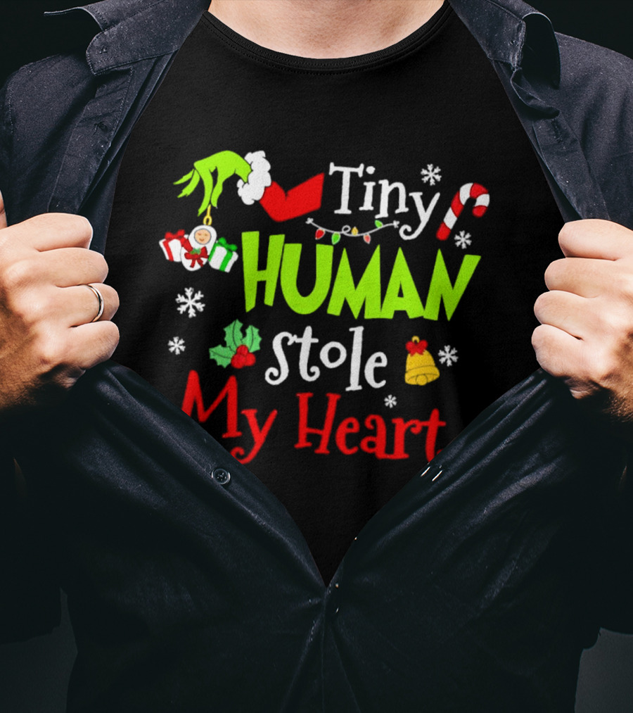 Tiny Human Stole My Heart Grinchmas Xmas With Candy Cane And Gifts T-Shirt