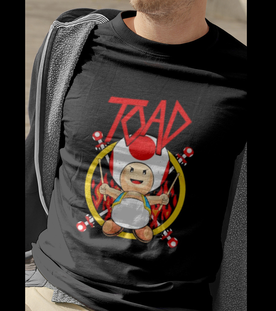 TOAD Heavy Metal Mushroom Drummer With Drumsticks And Flames Background T-Shirt
