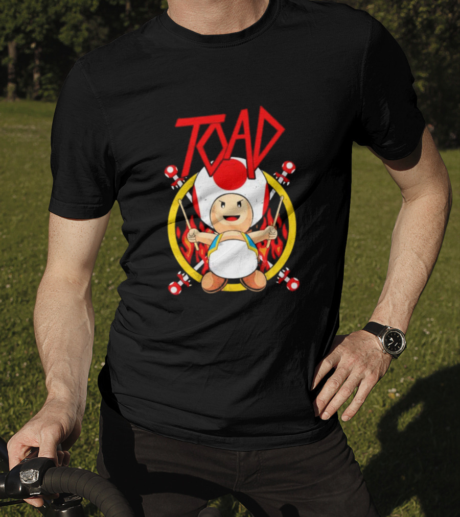 TOAD Heavy Metal Mushroom Drummer With Drumsticks And Flames Background T-Shirt