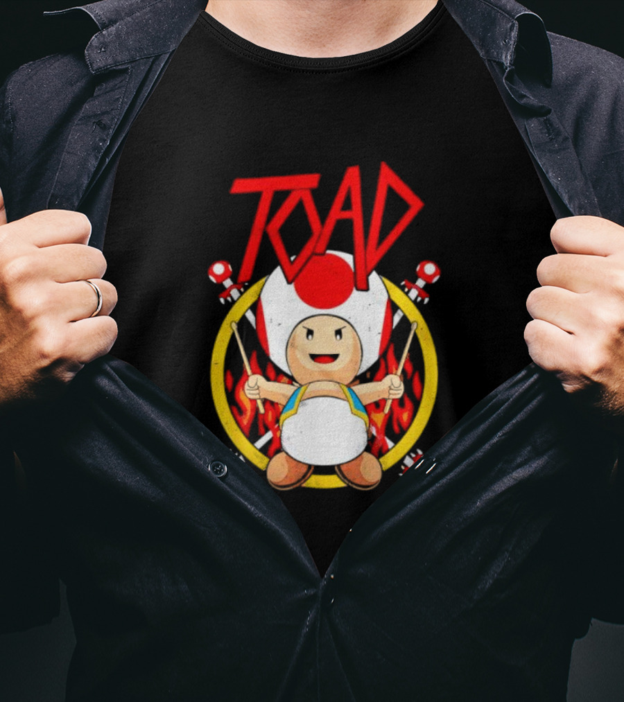 TOAD Heavy Metal Mushroom Drummer With Drumsticks And Flames Background T-Shirt