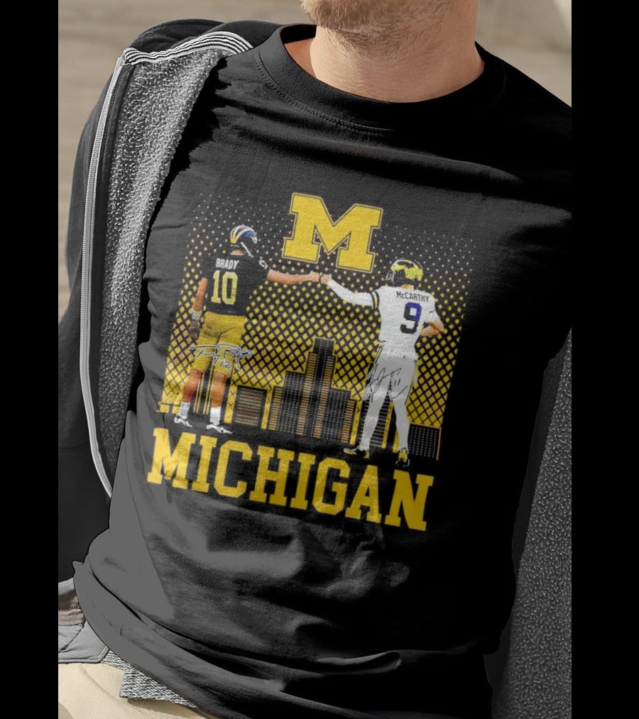 Michigan Wolverines Tom Brady Jj McCarthy Iconic Players Fist Bump Skyline T-Shirt