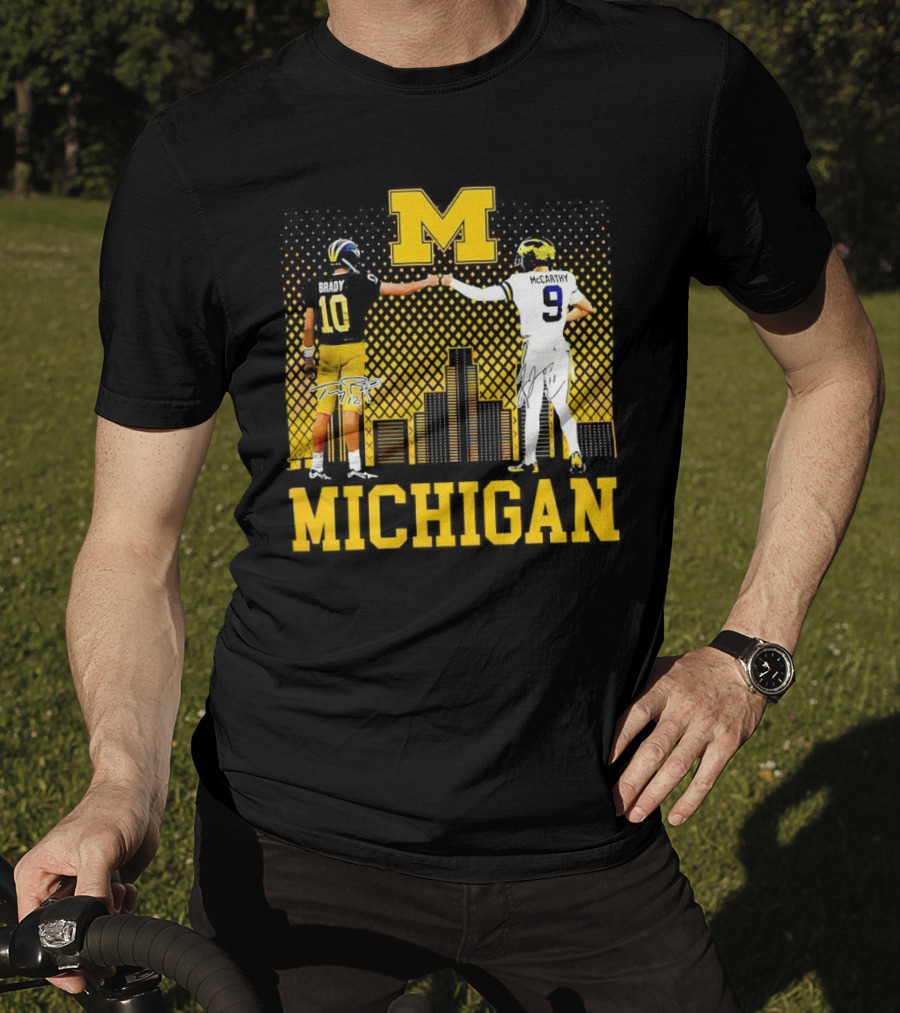 Michigan Wolverines Tom Brady Jj McCarthy Iconic Players Fist Bump Skyline T-Shirt