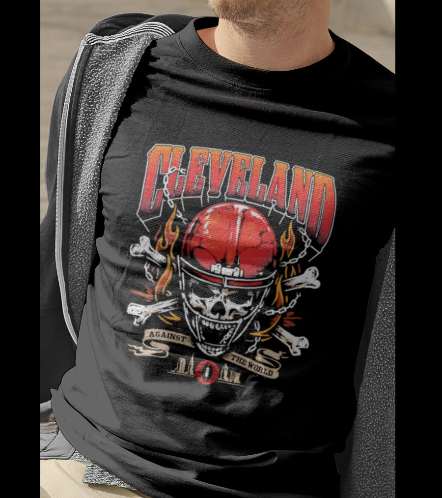 Cleveland Against The World Skull Helmet Flames Crossbones T-Shirt