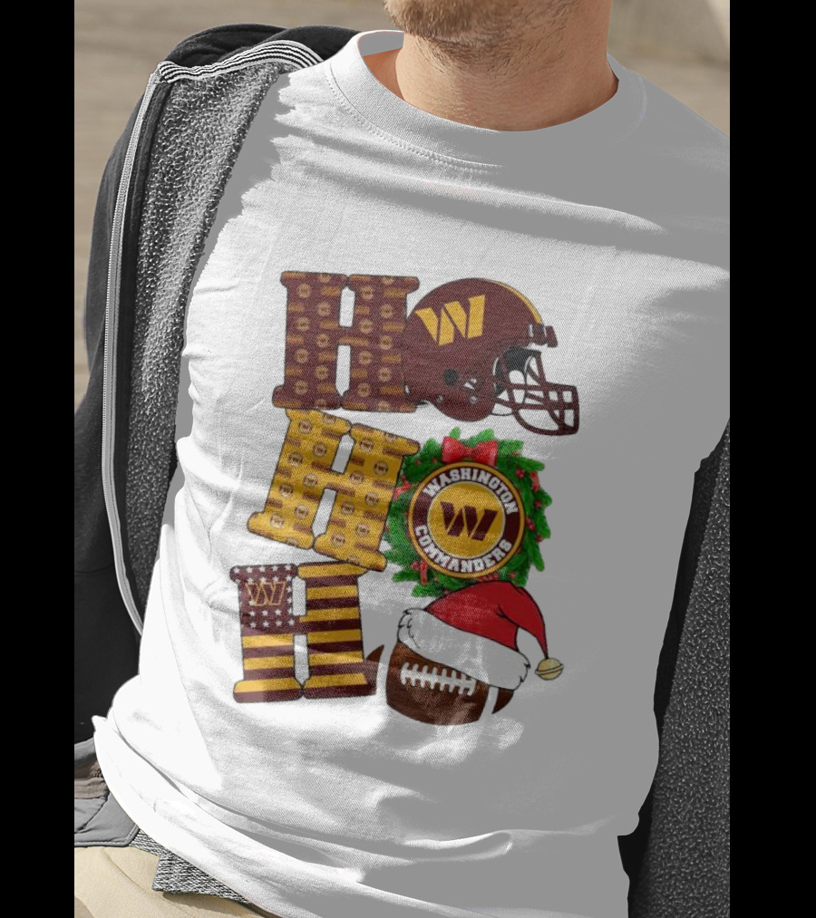 Washington Commanders Helmet Wreath Football Ho Ho Ho Merry Christmas T-Shirt