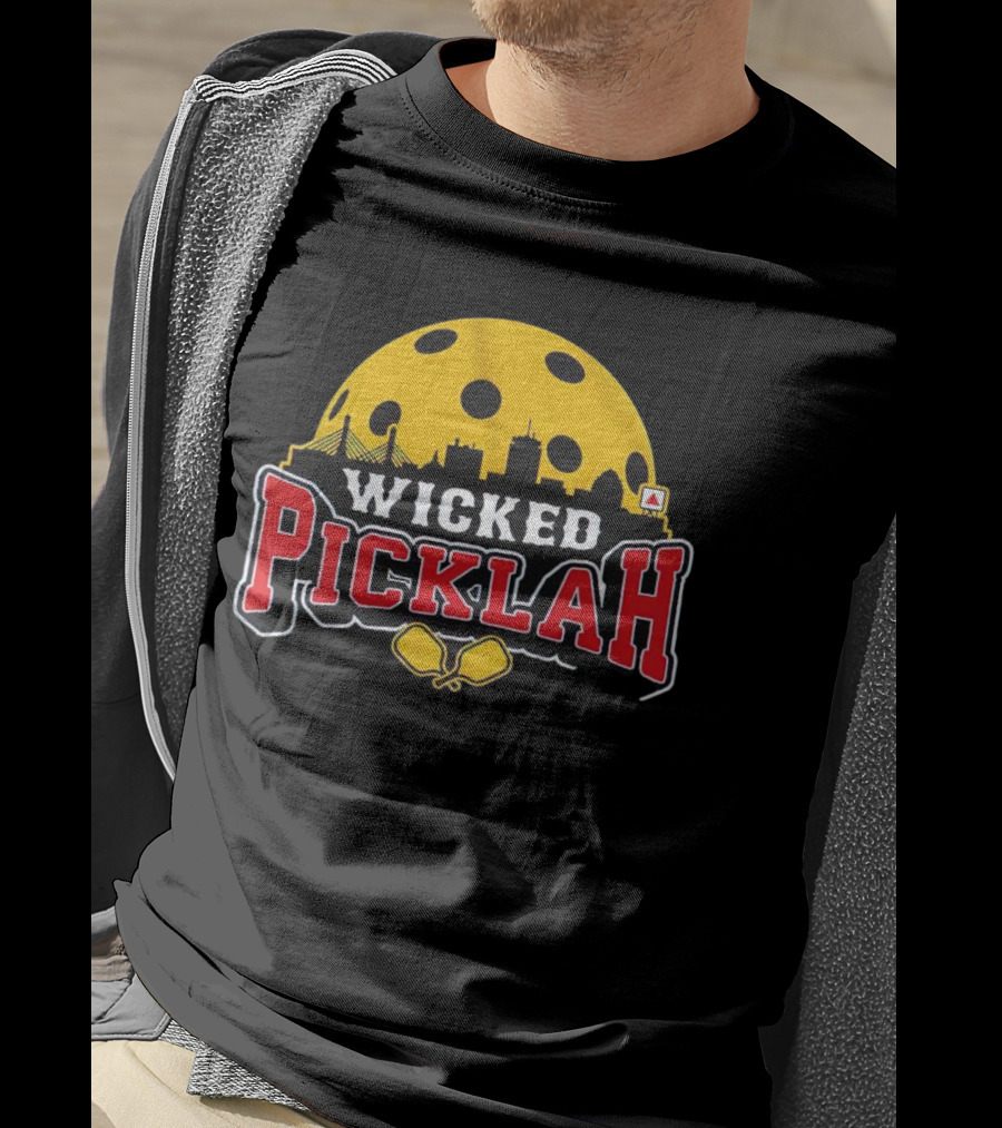 Wicked Picklah Boston Skyline Pickleball Paddle Bridge T-Shirt