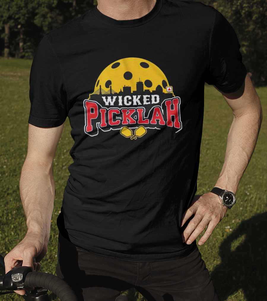 Wicked Picklah Boston Skyline Pickleball Paddle Bridge T-Shirt