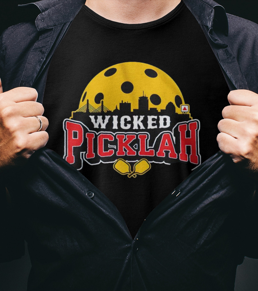 Wicked Picklah Boston Skyline Pickleball Paddle Bridge T-Shirt