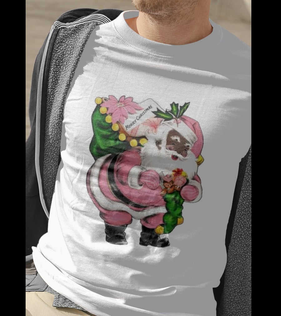 Merry Christmas Santa Claus Wear Pink Outfit With Sack And Toys T-Shirt
