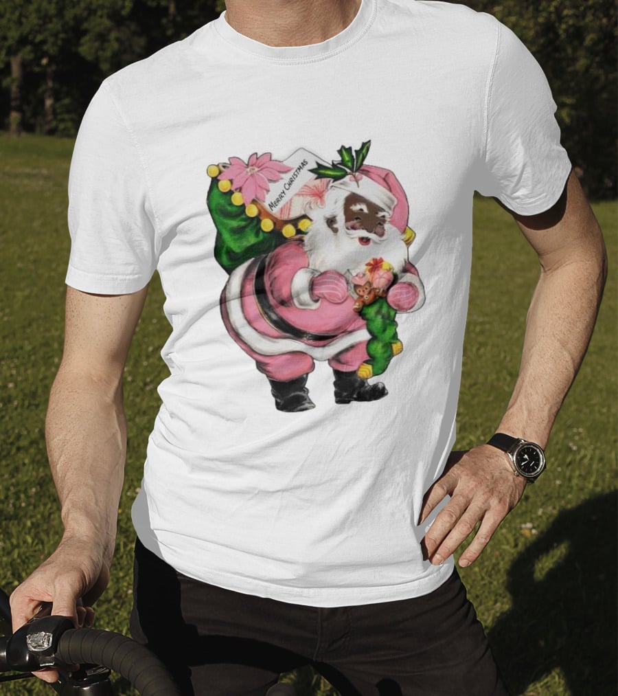 Merry Christmas Santa Claus Wear Pink Outfit With Sack And Toys T-Shirt