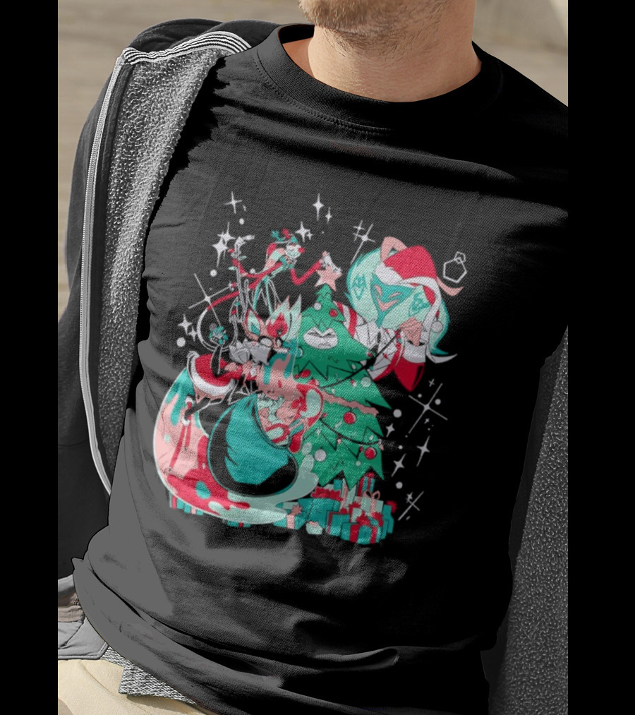 Shark Robot Sinful Holiday Christmas Hazbin Hotel Festive Tree And Characters T-Shirt