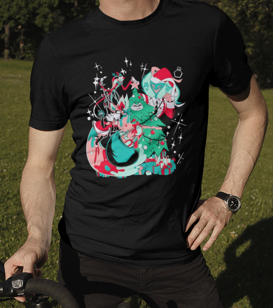 Shark Robot Sinful Holiday Christmas Hazbin Hotel Festive Tree And Characters T-Shirt