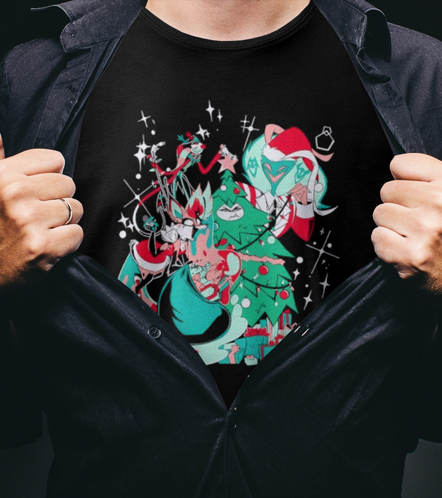 Shark Robot Sinful Holiday Christmas Hazbin Hotel Festive Tree And Characters T-Shirt