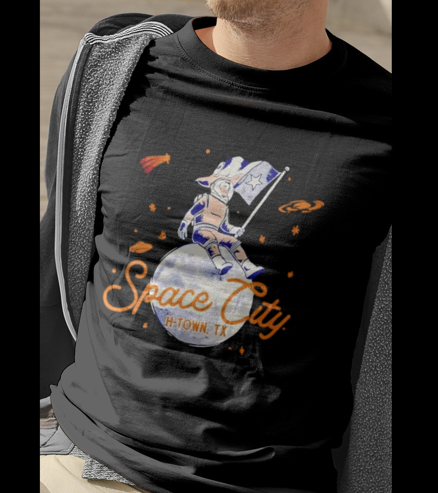 Space City H-Town TX Astronaut On Moon With Saturn And Stars T-Shirt