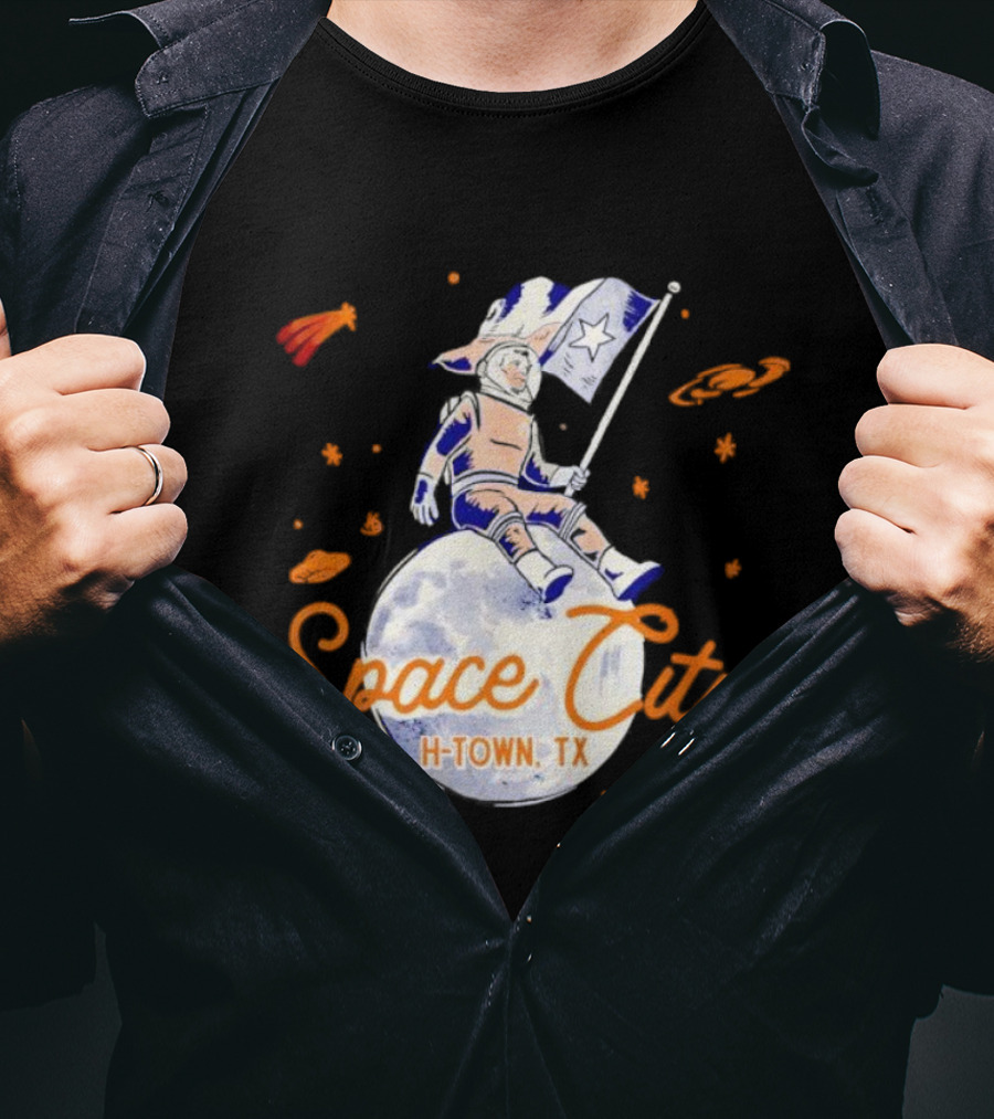Space City H-Town TX Astronaut On Moon With Saturn And Stars T-Shirt