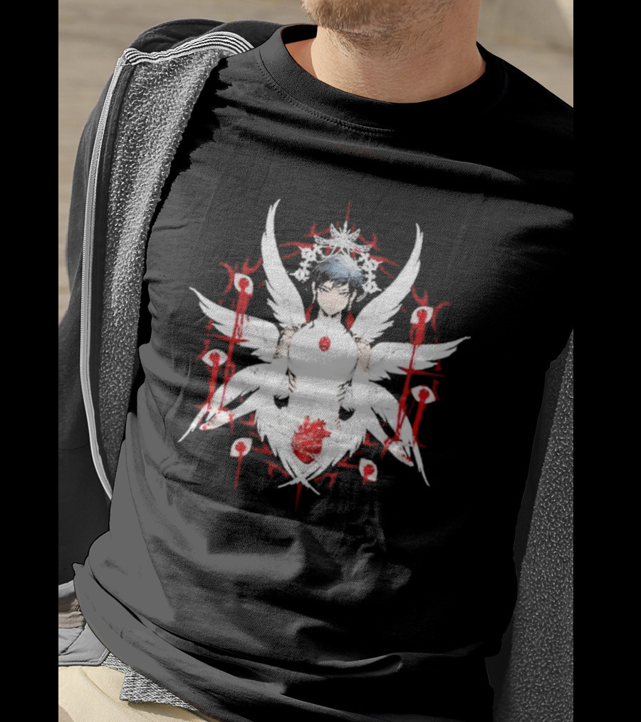 W6rst Maza Anime Angelic Figure With Wings And Red Accents T-Shirt