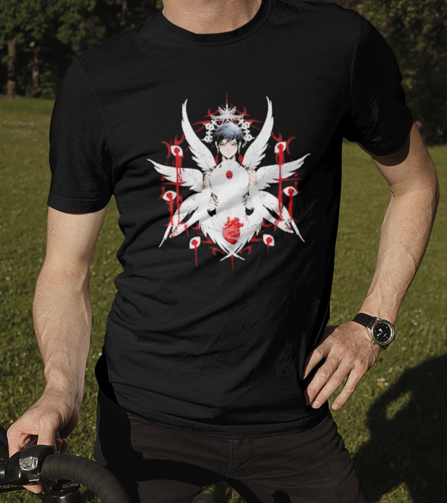 W6rst Maza Anime Angelic Figure With Wings And Red Accents T-Shirt