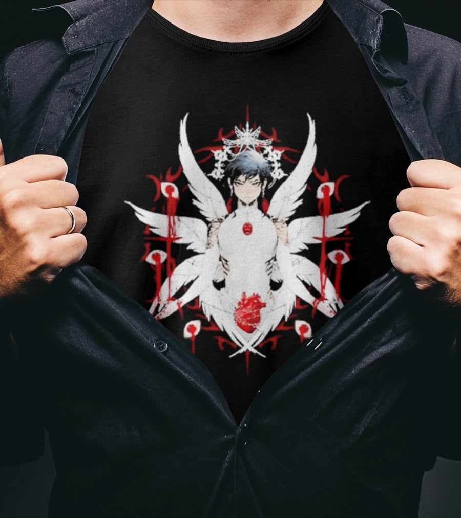 W6rst Maza Anime Angelic Figure With Wings And Red Accents T-Shirt