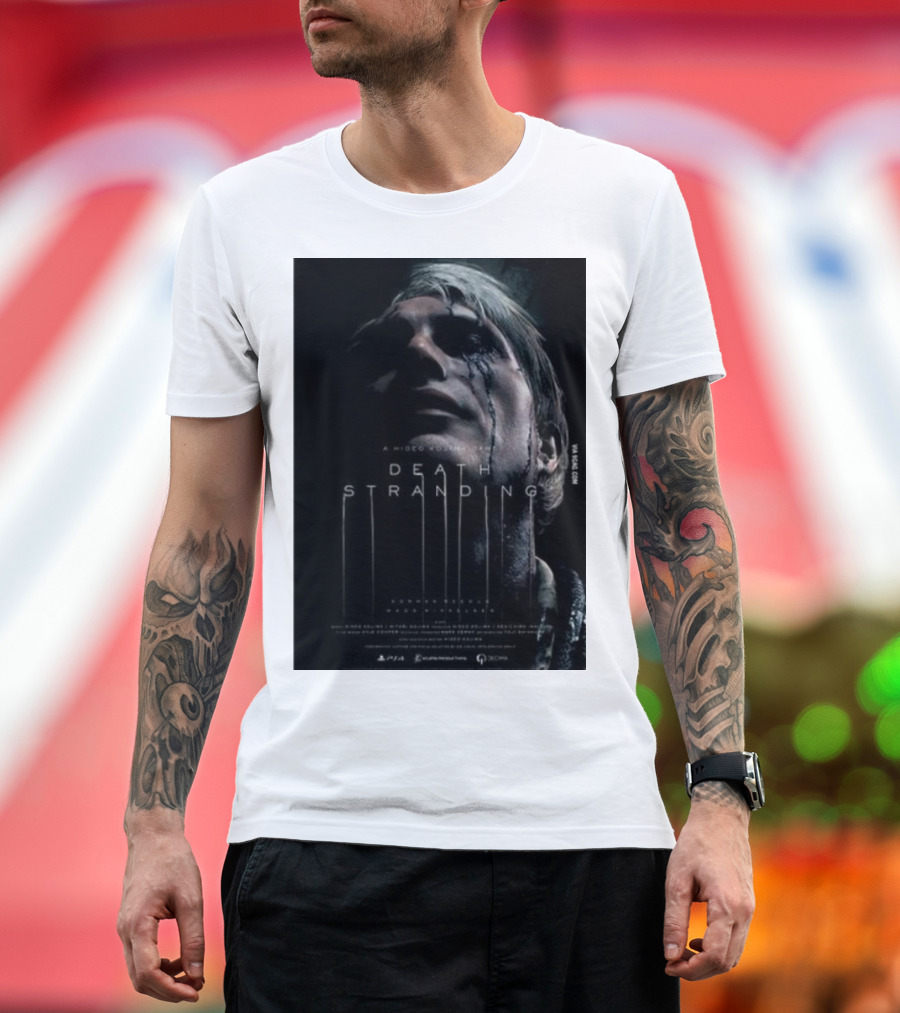 A Hideo Kojima Game Death Stranding Poster with Actor's Face and Title in Dripping T-Shirt