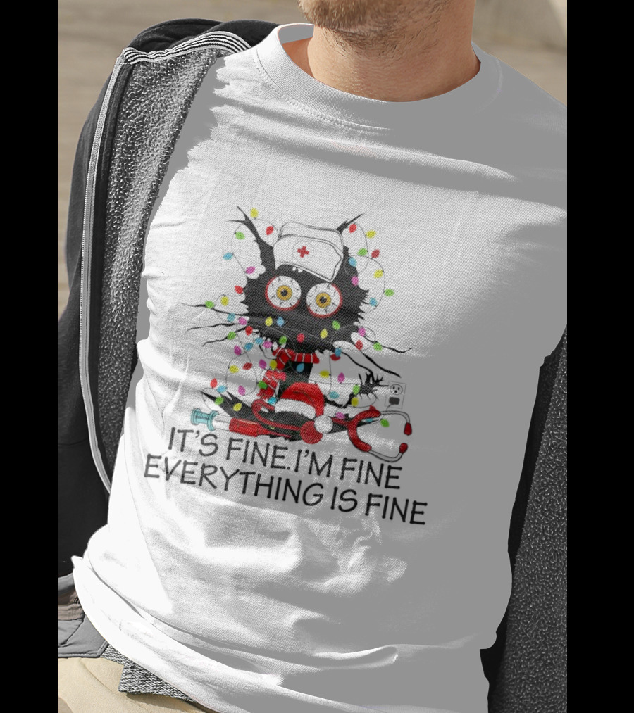 Black Cat Nurse It's Fine I'm Fine Everything Is Fine Christmas Lights Stethoscope T-Shirt