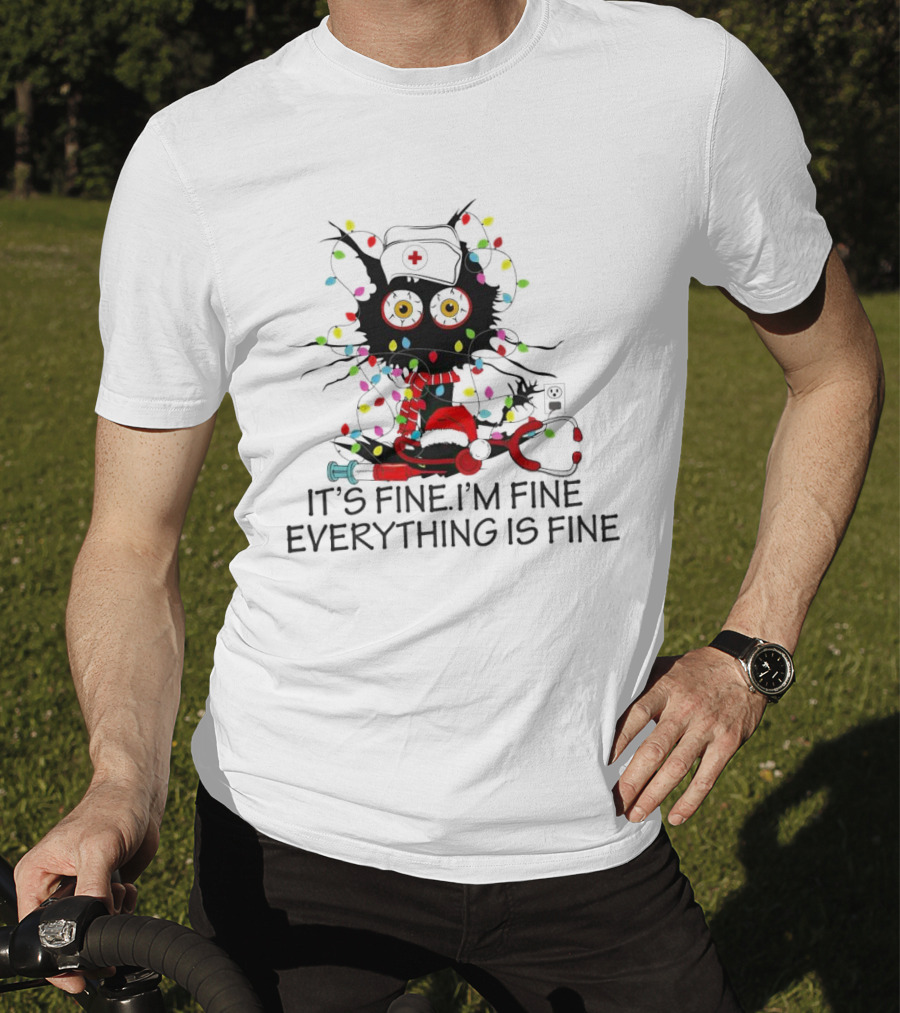 Black Cat Nurse It's Fine I'm Fine Everything Is Fine Christmas Lights Stethoscope T-Shirt