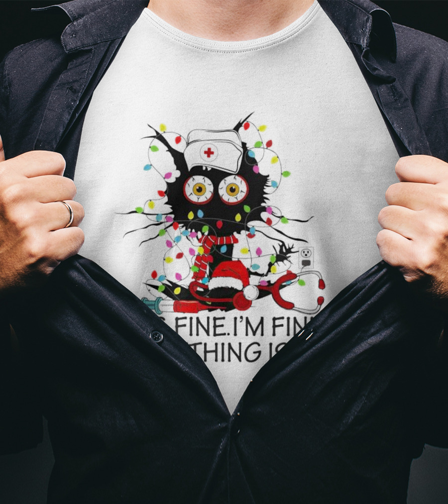 Black Cat Nurse It's Fine I'm Fine Everything Is Fine Christmas Lights Stethoscope T-Shirt