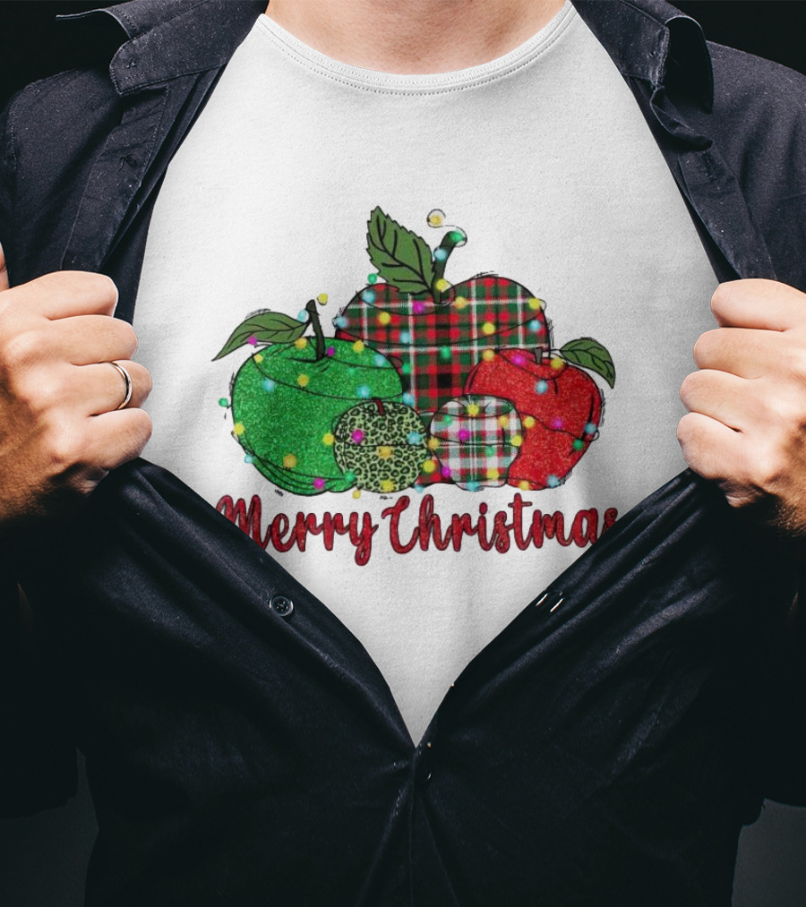 Merry Christmas Apples Plaid And Lights T-Shirt