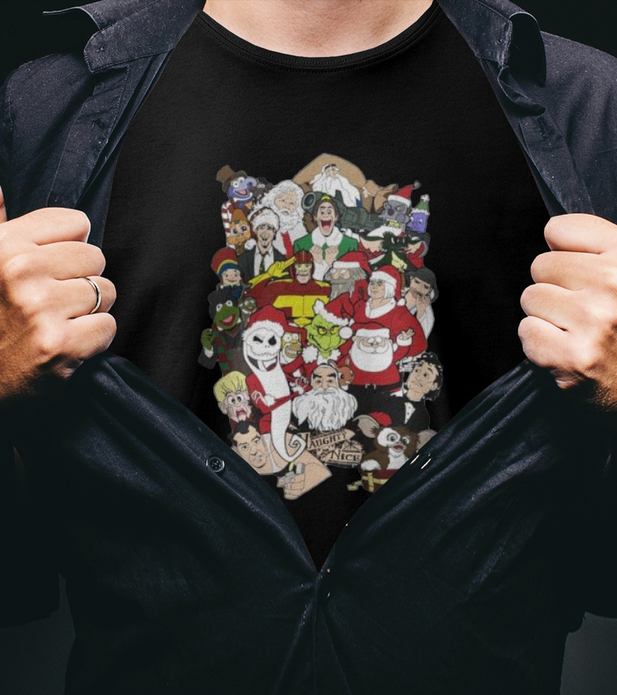 Naughty Or Nice Christmas Chaos Characters Featuring Santa Grinch Gizmo Jack Frost T-Shirt