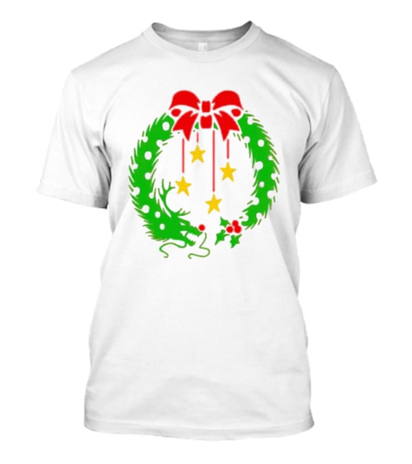 Christmas Wreath Dragon With Four Stars And Red Bow T-Shirt