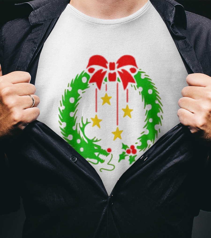 Christmas Wreath Dragon With Four Stars And Red Bow T-Shirt