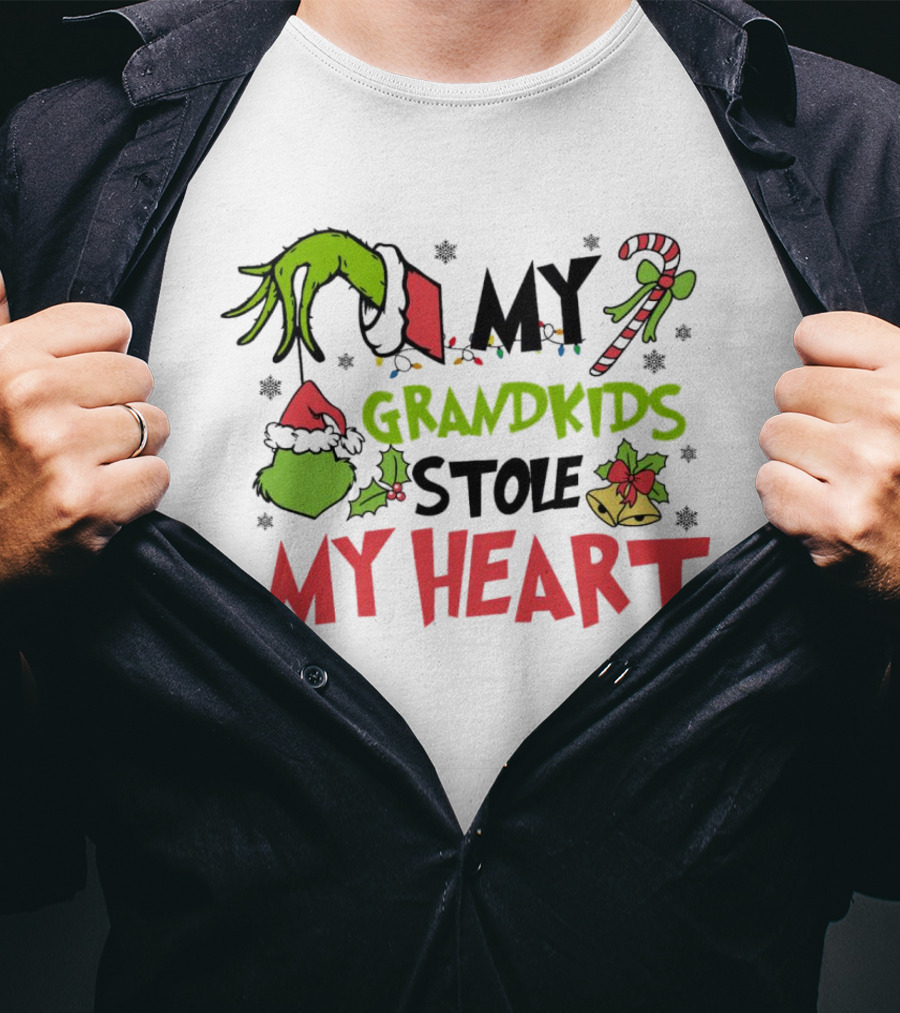 Grinch Hand My Grandkids Stole My Heart My Grandkids Christmas T-Shirt