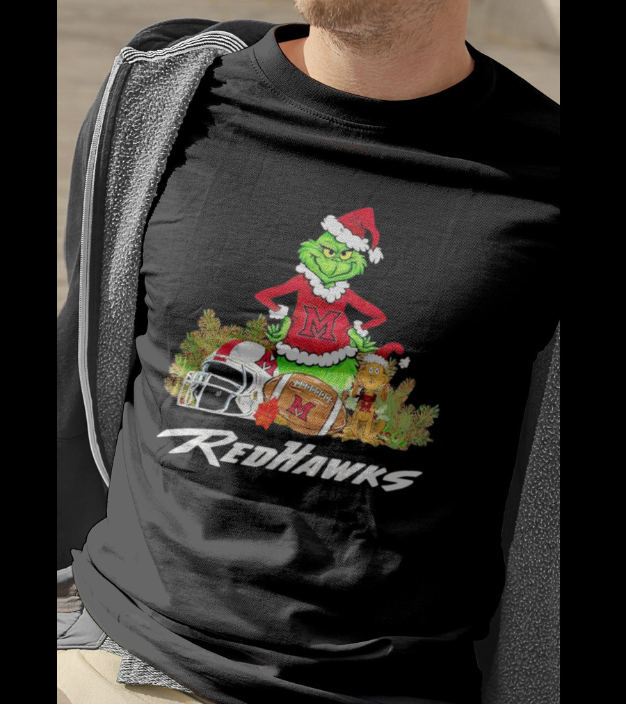 Grinch With Miami RedHawks Christmas Football Santa Hat T-Shirt