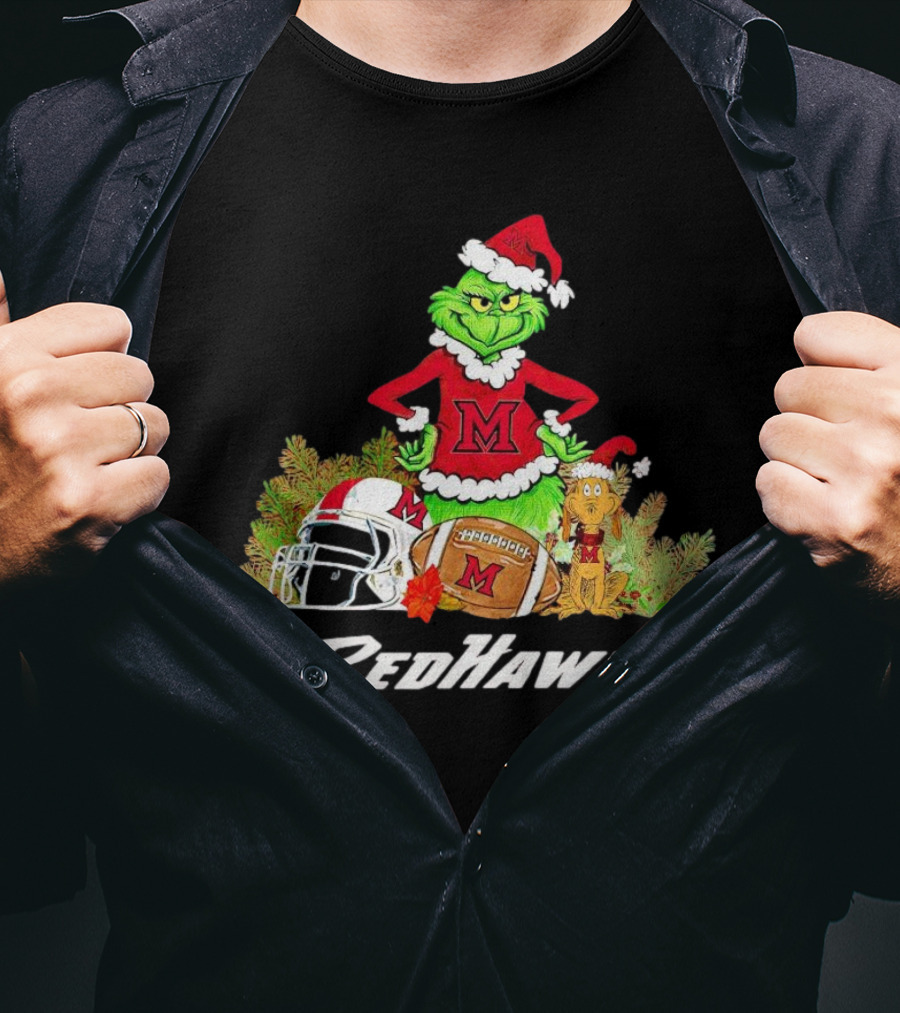 Grinch With Miami RedHawks Christmas Football Santa Hat T-Shirt