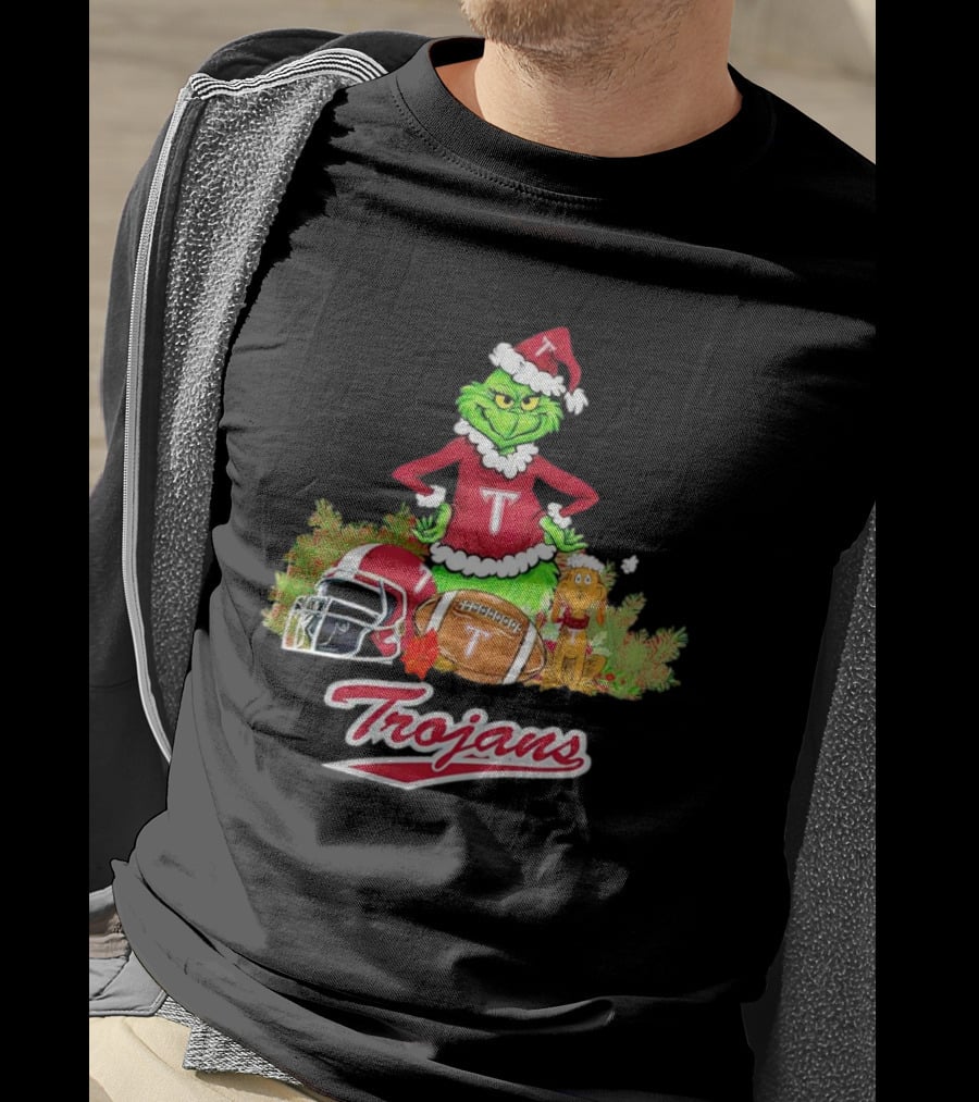Grinch Troy Trojans Christmas Football Festive Scene T-Shirt